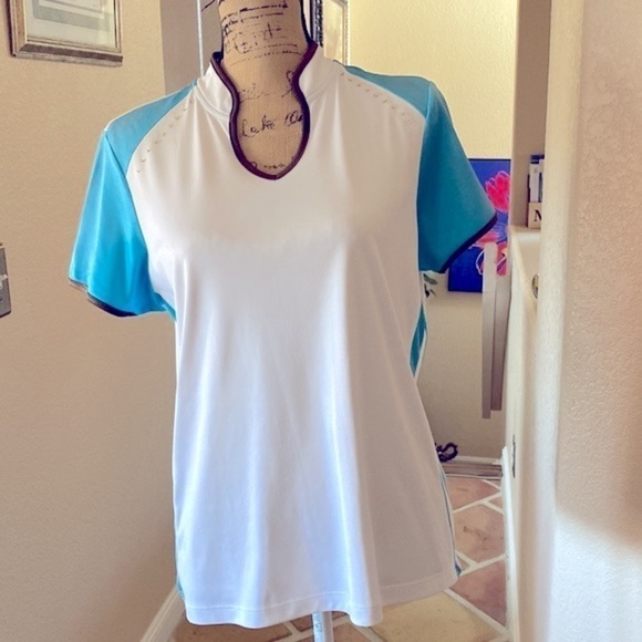 IZOD Athletic Golf Polo White Turquoise Size Large Excellent Condition - Picture 8 of 8